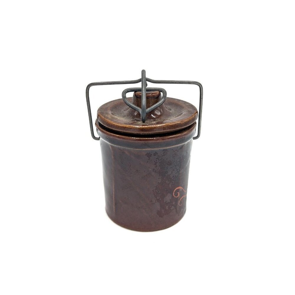 Vintage Stoneware Crock with Clasped Lid Hand Painted Folk Art Jam Jar Birds 5" - Picture 3 of 5